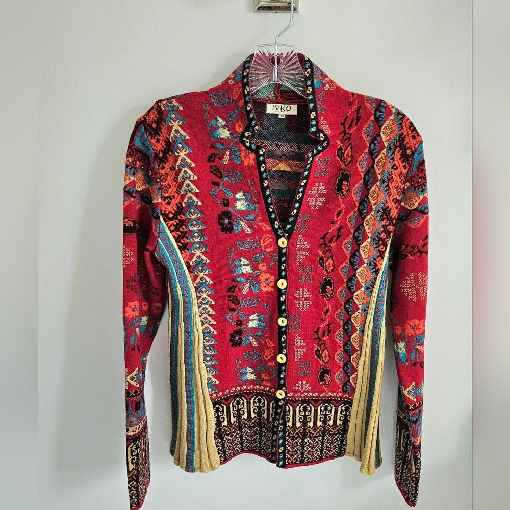 IVKO Wool Jacquard Red Pattern Cardigan Swester